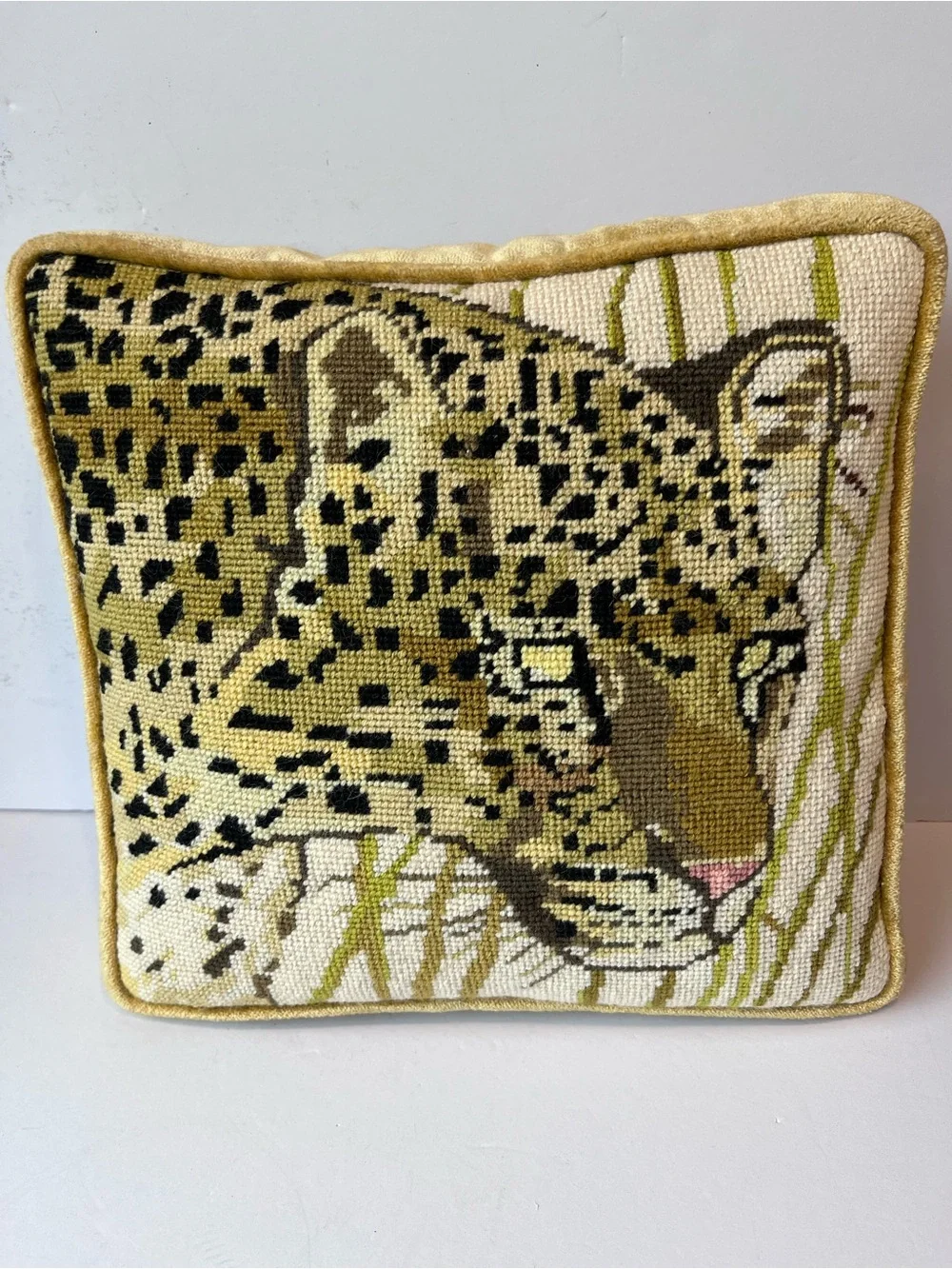 Vintage Needlepoint Leopard Jaguar Accent Pillow 70’s